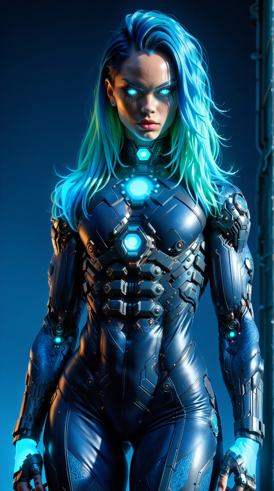 score_9, score_8_up, score_7_up, (1 girl), (asian), beautiful teenage (skinny) muscular goth cyborg girl, (full Cybernetic bodysuit:1.5), (black sclera:1.5), (blue glowing eyes:1.5), (blue glowing body veins:1.5), (flat chest:1.25), (blue glowing hair:1.25), (beautiful face:1.25), (bodybuilder femboy physique:1.25), (skinny long legs:0.75), bimbo lips, cowboy shot,  gothic neon style, cyber punk style, Stable_Yogis_Scenery_Negatives, Stable_Yogis_Scenery_positives,  Stable_Yogis_PDXL_Positives, Stable_Yogis_PDXL_Negatives