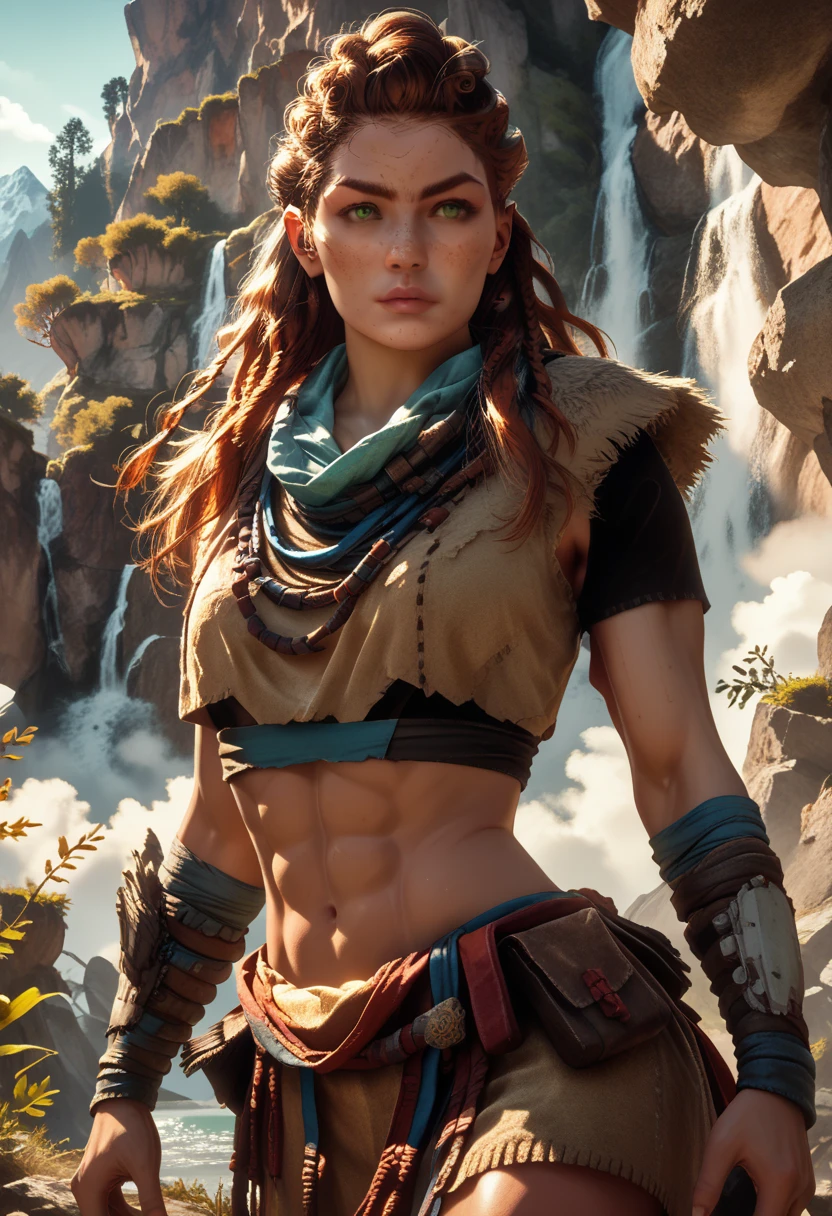 1woman, (Aloy:1.37), (Horizon Forbidden West Aloy:1.27),slim and slender, lightly toned muscles, reddish brown hair, braids and hair ornaments, detailed green eyes, freckles, toned muscular physique, midriff, thighs showing, ultra-detailed, detailed facial features, dynamic action pose, (cowboy shot), outdoor mountain landscape background, warm lighting, vibrant color palette, d3t41l3d