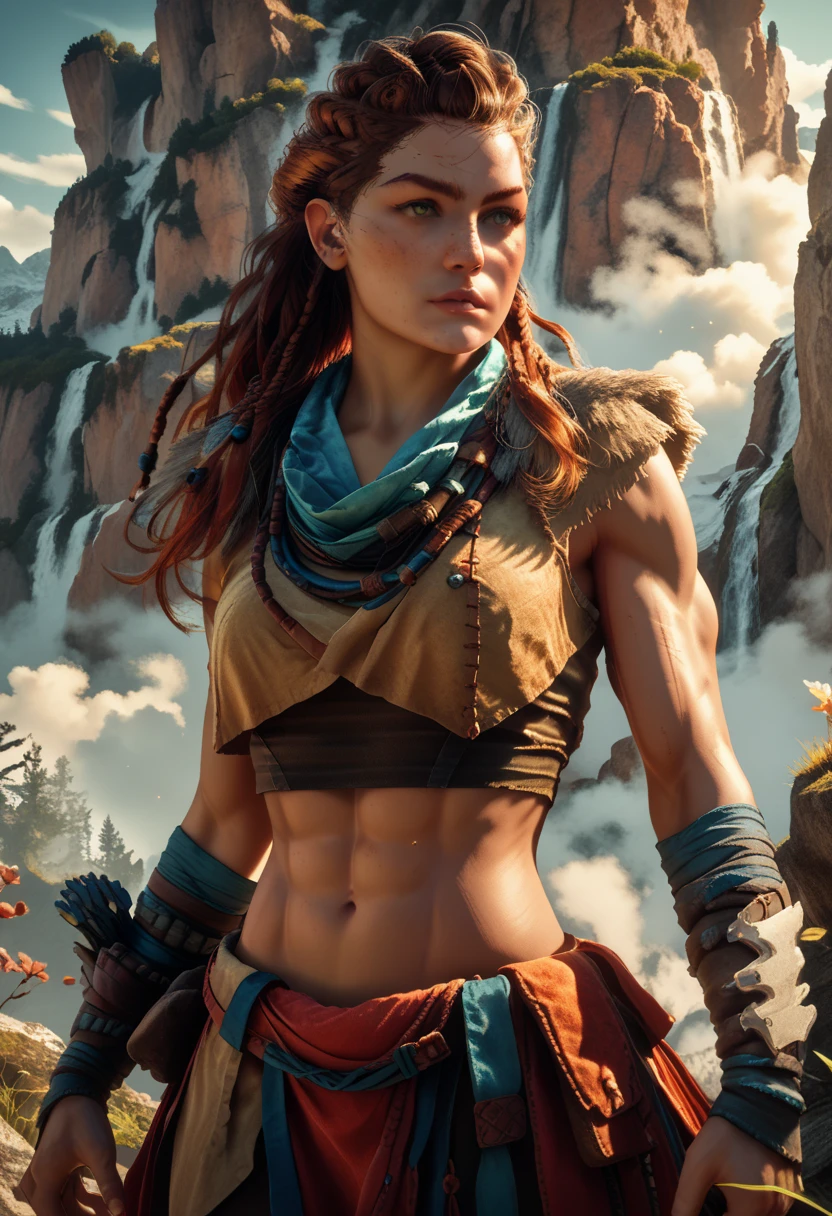 1woman, (Aloy:1.37), (Horizon Forbidden West Aloy:1.27),slim and slender, lightly toned muscles, reddish brown hair, braids and hair ornaments, detailed green eyes, freckles, toned muscular physique, midriff, thighs showing, ultra-detailed, detailed facial features, dynamic action pose, (cowboy shot), outdoor mountain landscape background, warm lighting, vibrant color palette, d3t41l3d