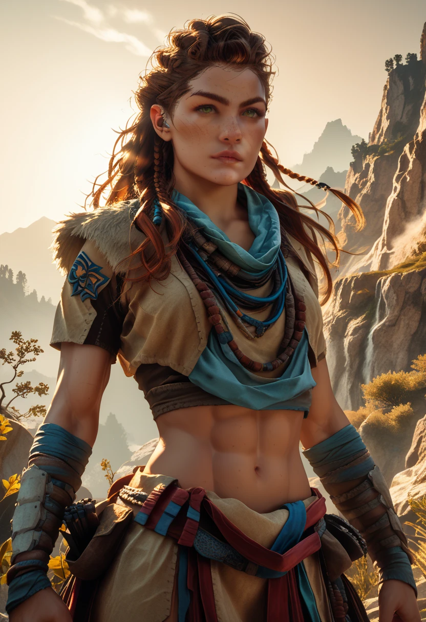 1woman, (Aloy:1.37), (Horizon Forbidden West Aloy:1.27),slim and slender, lightly toned muscles, reddish brown hair, braids and hair ornaments, detailed green eyes, freckles, toned muscular physique, midriff, thighs showing, ultra-detailed, detailed facial features, dynamic action pose, (cowboy shot), outdoor mountain landscape background, warm lighting, vibrant color palette, d3t41l3d