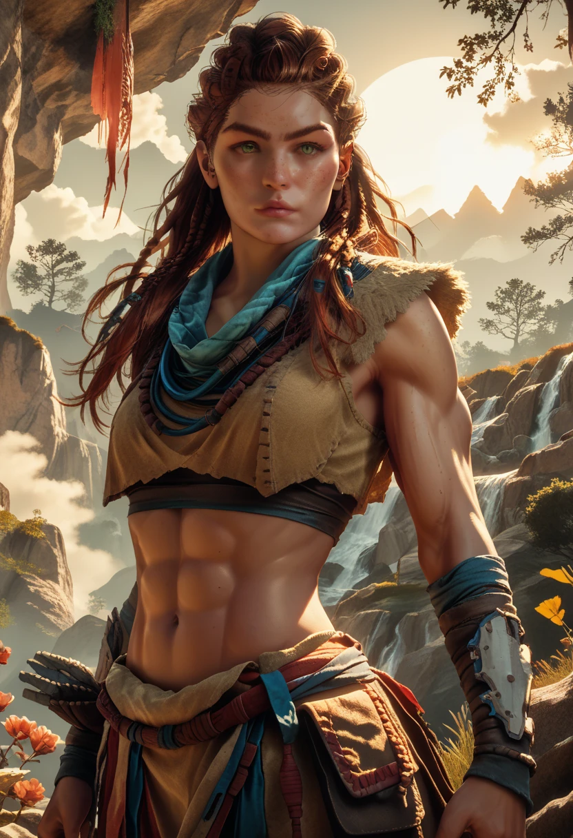 1woman, (Aloy:1.37), (Horizon Forbidden West Aloy:1.27),slim and slender, lightly toned muscles, reddish brown hair, braids and hair ornaments, detailed green eyes, freckles, toned muscular physique, midriff, thighs showing, ultra-detailed, detailed facial features, dynamic action pose, (cowboy shot), outdoor mountain landscape background, warm lighting, vibrant color palette, d3t41l3d