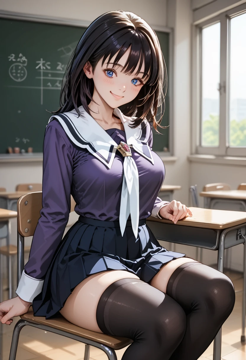 score_9, score_8_up, score_7_up, score_6_up, score_5_up, score_4_up, (masterpiece, best quality), 1girl, In the high school classroom, sitting on the chair, show breasts, smile, blush, closed mouth, medium full breasts,
BREAK
School uniform, Purple shirt, blue skirt, White neckerchief, Black thighhighs, 