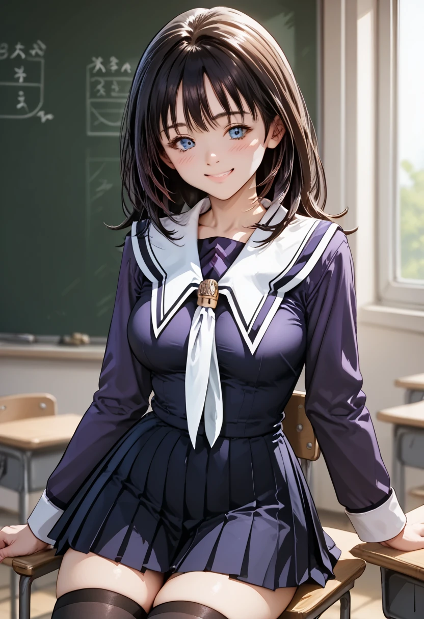 score_9, score_8_up, score_7_up, score_6_up, score_5_up, score_4_up, (masterpiece, best quality), 1girl, In the high school classroom, sitting on the chair, show breasts, smile, blush, closed mouth, medium full breasts,
BREAK
School uniform, Purple shirt, blue skirt, White neckerchief, Black thighhighs, 