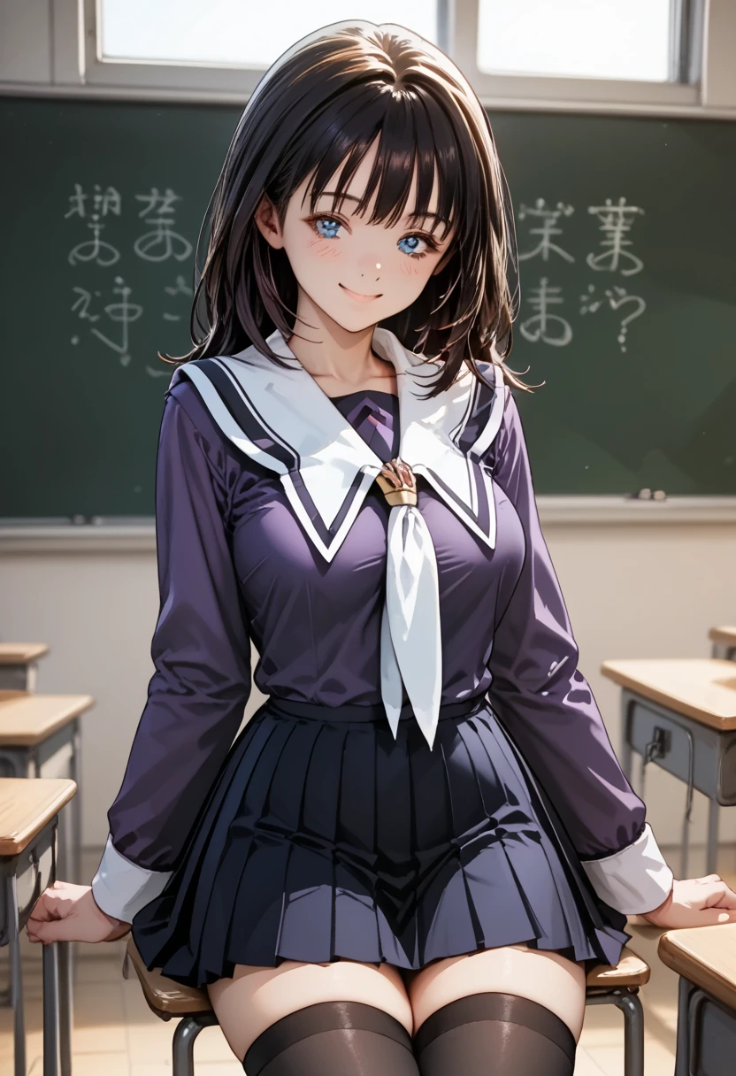 score_9, score_8_up, score_7_up, score_6_up, score_5_up, score_4_up, (masterpiece, best quality), 1girl, In the high school classroom, sitting on the chair, show breasts, smile, blush, closed mouth, medium full breasts,
BREAK
School uniform, Purple shirt, blue skirt, White neckerchief, Black thighhighs, 