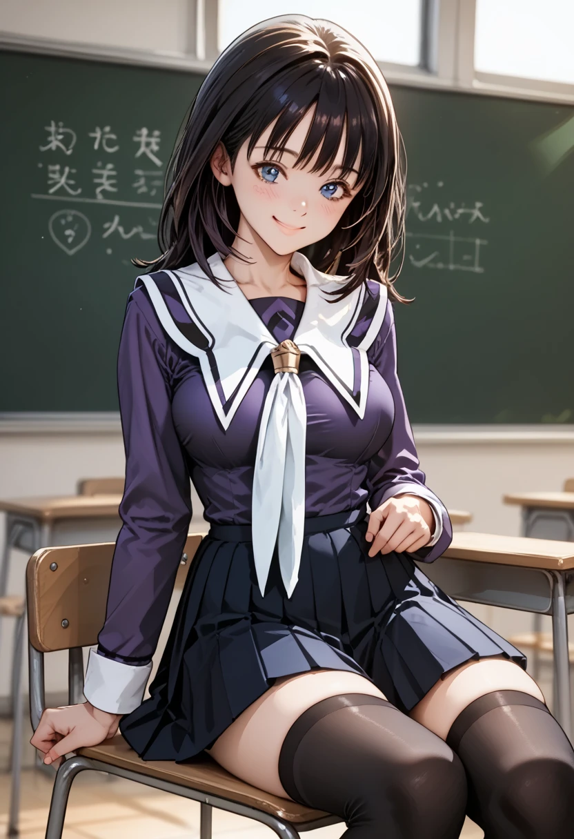 score_9, score_8_up, score_7_up, score_6_up, score_5_up, score_4_up, (masterpiece, best quality), 1girl, In the high school classroom, sitting on the chair, show breasts, smile, blush, closed mouth, medium full breasts,
BREAK
School uniform, Purple shirt, blue skirt, White neckerchief, Black thighhighs, 