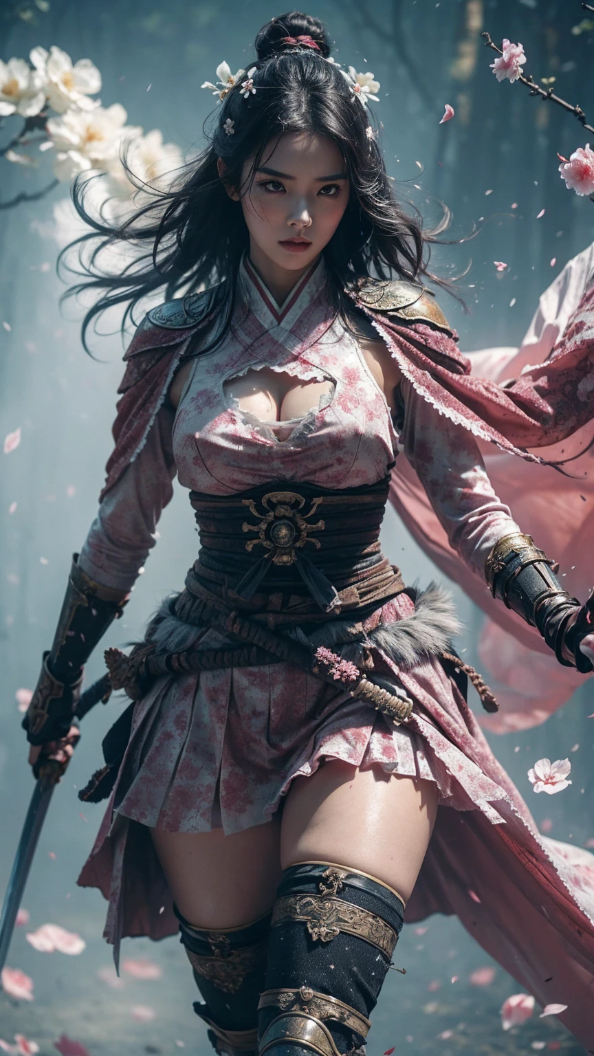 A sexy female character wearing pink armor as a warrior from the Sengoku period、((bob cu hair))、((onyx black hair))、((toned body))、(glistening skin)、 toned body、((mega breasts 1.8))、 plump breasts 、 plump thighs 、 The pink armor with the camellia pattern engraved on it is a bikini type and is designed to emphasize chest exposure、( Wear a cloak with a camellia flower pattern )、peplum skirt、 purple shin guard with a camellia flower engraved on it 、White high-leg underwear 、White tights、 absolute domain、,Dramatic lighting,cracked armor,  complex details,A defeated battle,Fading glory,Ghostly shadow,misty background,A face beneath a mask,A stately helmet,figure,Rising smoke,Curse of fate,Gloomy ruins,A stately composition,Military honor,Soledad,Fire fighting,Ominous Presence,Ash and smoke,Blood-stained earth,Worn armor,Determination,Glyph of Courage,The end of the Samurai era,Camellias are blooming in full bloom,Devastated Battlefield, Standing in the middle of a battlefield [A dull color palette],[Light tones],[An intrusive atmosphere:0.9]