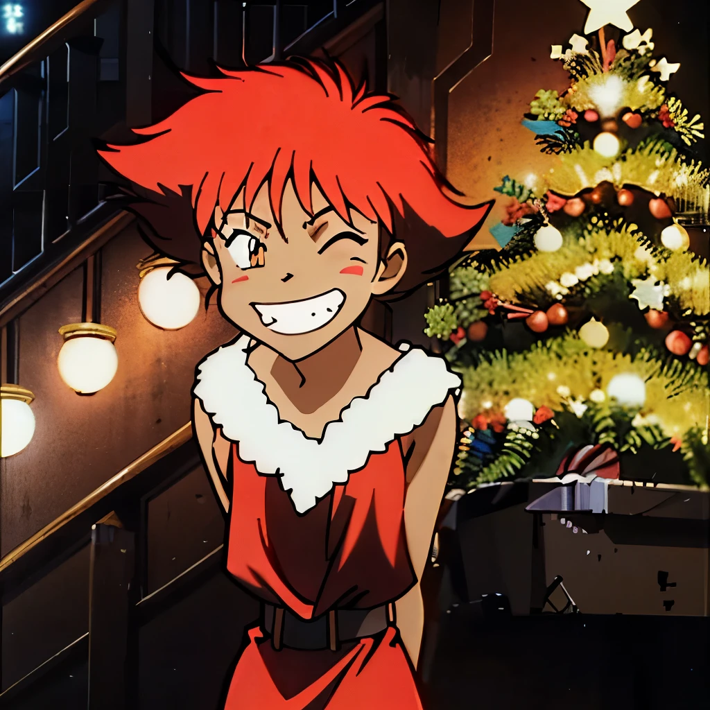 Edward, orange hair, lightly dark skin, wearing a Santa dress, eyes closed, big grin, canon background d, Christmas tree, standing with arms behind back