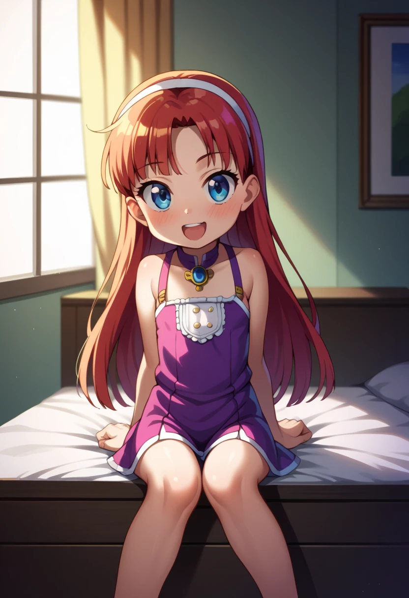 (( top quality)), ((masterpiece)), (be familiar with),  perfect face, indoor, bedroom,  viewer,
One woman,  Yukiko Aikina,
 open mouth,  ecstatic expression with hands in front of body, blush, smile,
 small ,  flat chested, Young girl, Lori,  ,  girl,
 long hair,  long hair,
Leg spread,