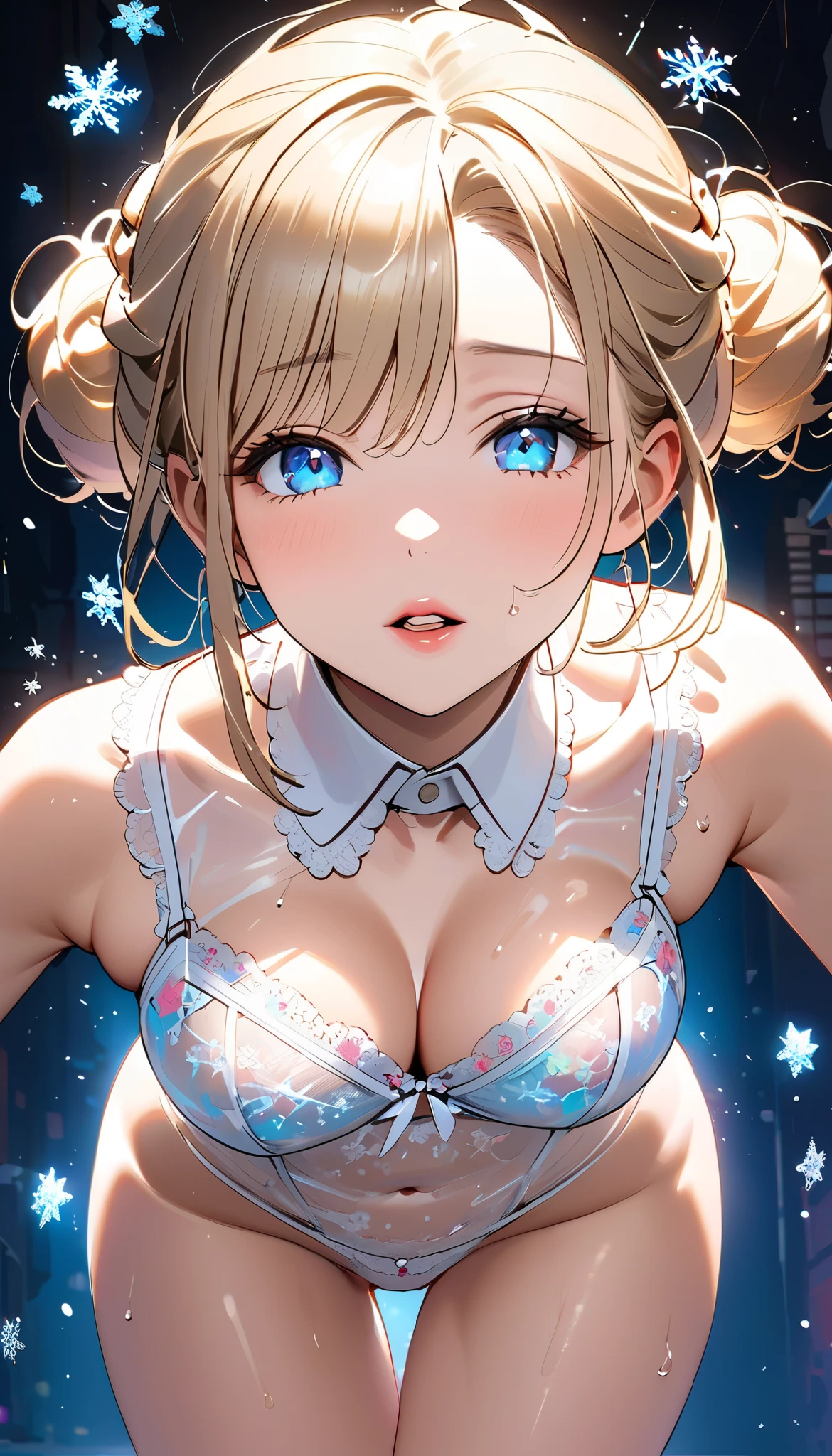 squat、Light peach hair 、 white breath 、(parted lips:1.5),(half open eyes:1.4),(feeling weak:1.8)、 open your mouth、saliva、 dynamic pose 、cyberpunk.sweat、vapor、Gross、 Detailed Beautiful Faces and Eyes ,( Blue eyes )( viewers)(Big Breasts) " ( hair up style ) white collar short hair, What is adorned with sparkling snow 、translucent , Transparent Sexy Lingerie with Brilliant Delicate Embroidered Santa Claus Motifs That Reflect Colorful Light . The background is sprinkled with even more sparkling snowflakes and sparkles , Dreamy, Sparkling atmosphere ."
