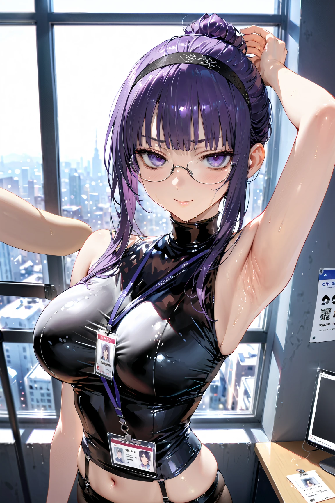 ((masterpiece, highest quality, Highest image quality, High resolution, photorealistic, Raw photo, Extremely detailed CG unified 8k wallpaper)), 1girl, Alone, beautiful young woman, 20yo, realistic skin texture, shiny skin, office, black thighhighs, garter straps, turtleneck, id card, lanyard, sleeveless, perfect body, natural huge breasts, smug look, (((upper body))), Armpits、tight clothing, Beautiful girl with a bewitching smile 、 Fighting Poses、 detailed hairband, (( chignon hair))、(bags under eyes), Round Glasses, violet hair,  simple light background、 heart mark in the eye, (glistening skin), (oily skin), (shiny skin),(half closed eyes), My skin is shaking 、(Obscene lines)、( obscene sound effect)、