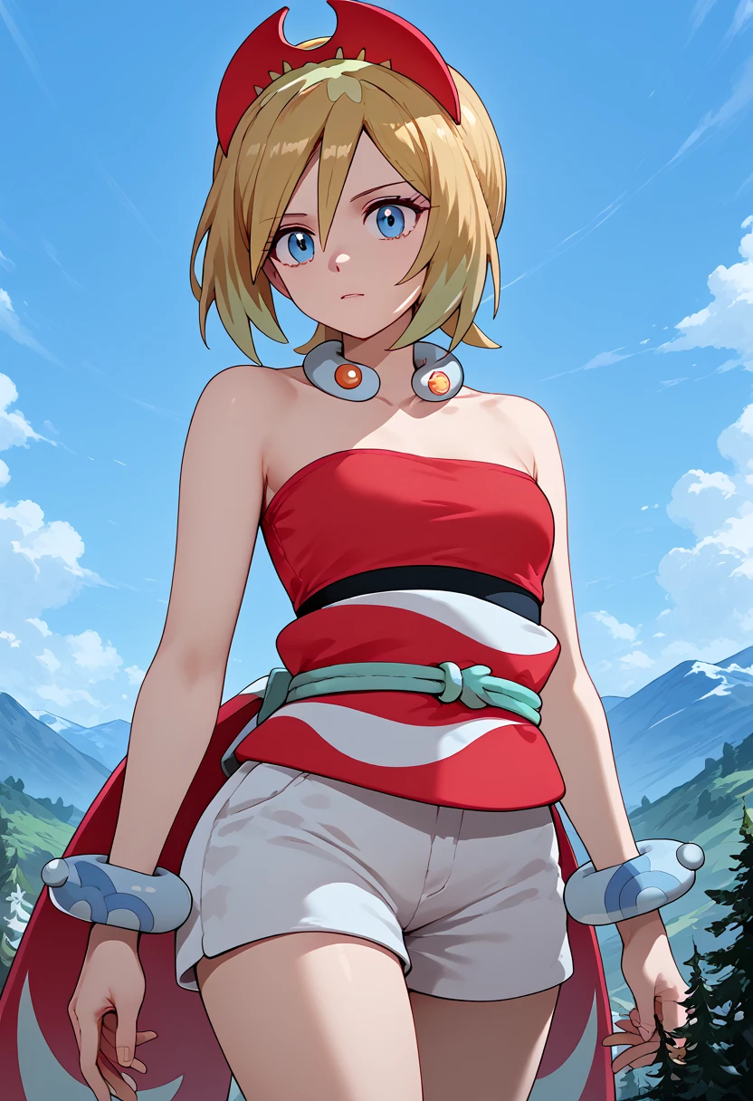 pokemonirida, blonde hair, blue eyes, hair between eyes, medium hair, small breasts,bracelet, hat, jewelry, neck ring, red headwear, red shirt, sash, shirt, shorts, strapless, strapless shirt, waist cape, white shorts, size difference, smaller man, larger female, outdoors, snowwy mountain, giantess,