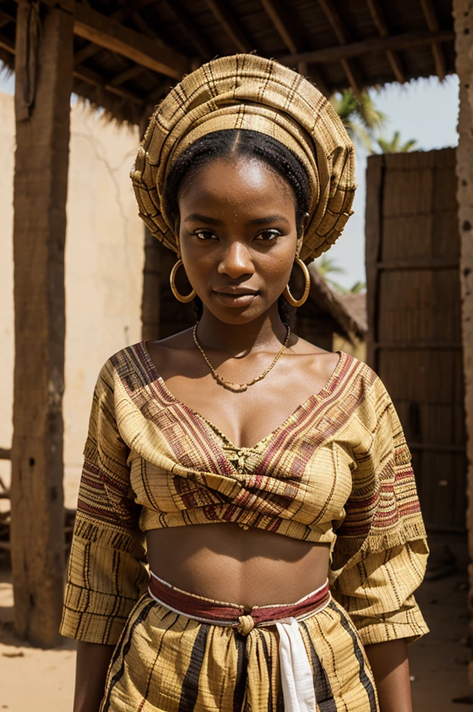 Generate an African woman with traditional African cloths, passing in front of fantastic architecture in Africa, she walks from right to left, focusing on the construction around her 