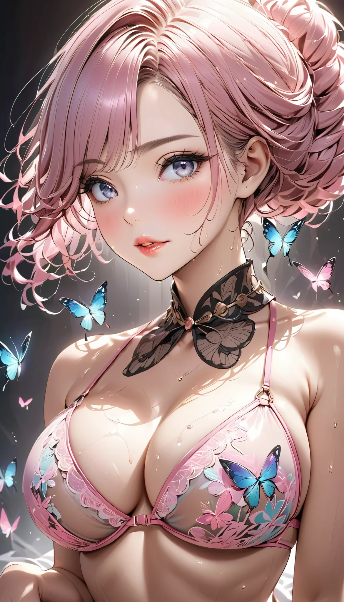 Fatty face、shame、Steampunk.sweat、vapor、A creepy expression 、nsfw.   Detailed Beautiful Faces and Eyes   ，(   gray eyes )(  Viewers)(Big Breasts)  "    (   hair up style   )   shorthair,  Sparkling butterfly々  、translucent ,  in sexy pastel pink lingerie with bright and delicate embroidery、 reflects colorful light  .    The background is studded with even more sparkling butterflies 々 and sparkles , Dreamy, Sparkling atmosphere ."