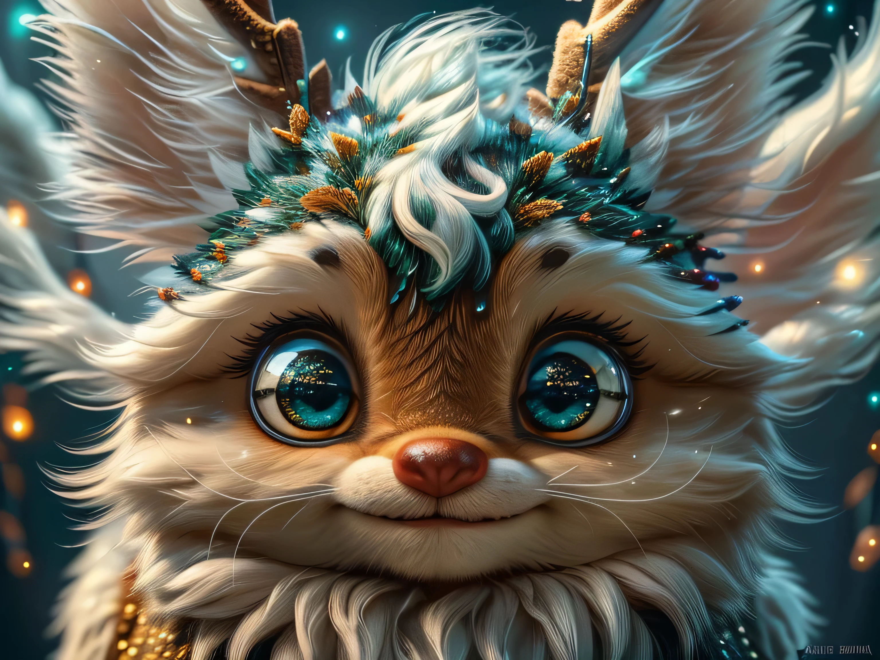 Magical Fantasy Creature, (Best Quality, Masterpiece, Representative Work, Official Art, Professional, Super Detailed, 8k:1.3), (Photorealism:1.2) Super Cute, Big Eyes, Soft, Soft Nose, Fluffy, Double-Toothed Smile, Aurorastyle, Highly detailed Dynamic shot of majestic adorable reindeer, high quality, beautiful masterpiece, fantasy creature, kawaii, digital art, glowing sparkles, Realistic, Beautiful, Stars in Eyes, Soft Volumetric Light, (Backlight:1.3), (Cinematic:1.2), Intricate Details, (ArtStation:1.3), --auto --s2