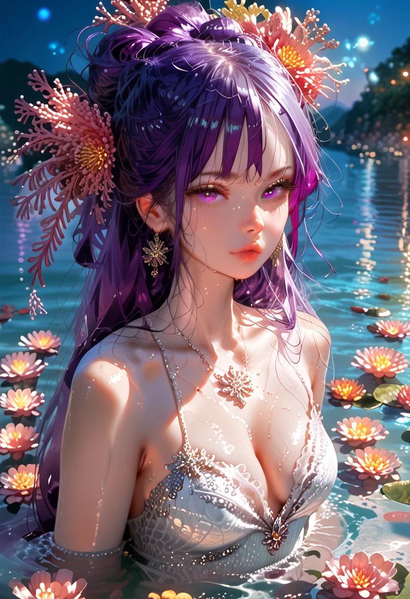 Goddess of the Sea,  scaly skin ,  beautiful face, rostro detallado, submerged in water , thick and long hair, purple hair,  wide fantasy dress, dramatic lights, background coral ,  translucent lights 