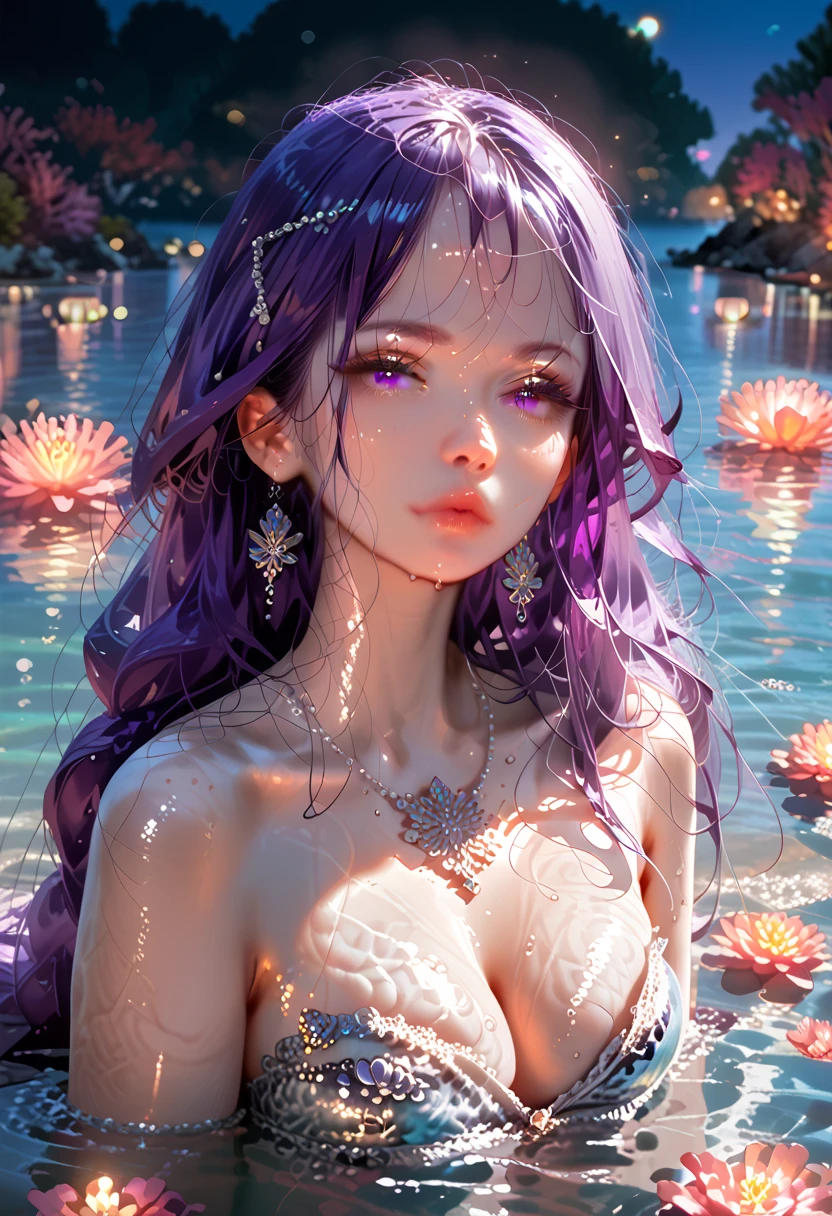 Goddess of the Sea,  scaly skin ,  beautiful face, rostro detallado, submerged in water , thick and long hair, purple hair,  wide fantasy dress, dramatic lights, background coral ,  translucent lights 