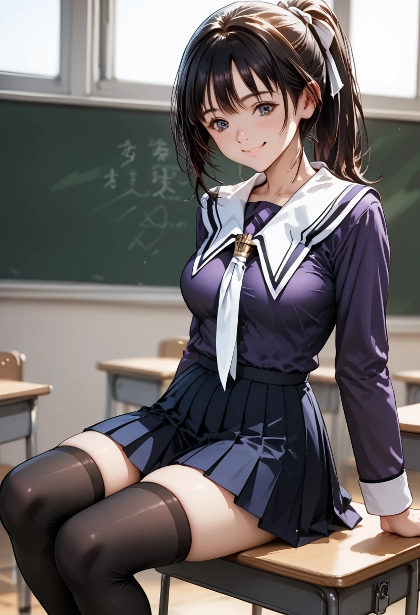 score_9, score_8_up, score_7_up, score_6_up, score_5_up, score_4_up, (masterpiece, best quality), 1girl, In the high school classroom, sitting on the chair, show breasts, smile, blush, closed mouth, medium full breasts, (sit with one knee up),
BREAK
ponytail hair, School uniform, Purple shirt, blue skirt, White neckerchief, Black thighhighs, 