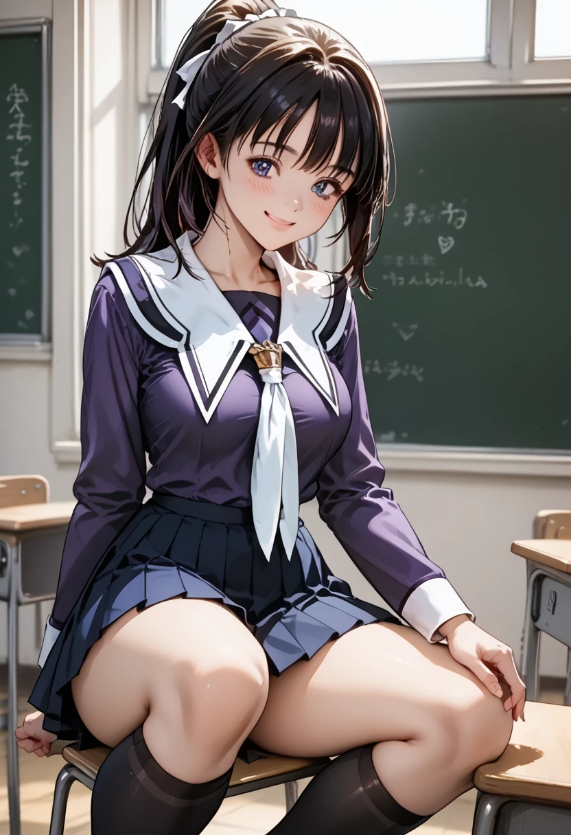 score_9, score_8_up, score_7_up, score_6_up, score_5_up, score_4_up, (masterpiece, best quality), 1girl, In the high school classroom, sitting on the chair, show breasts, smile, blush, closed mouth, medium full breasts, (sit with one knee up),
BREAK
ponytail hair, School uniform, Purple shirt, blue skirt, White neckerchief, Black thighhighs, 