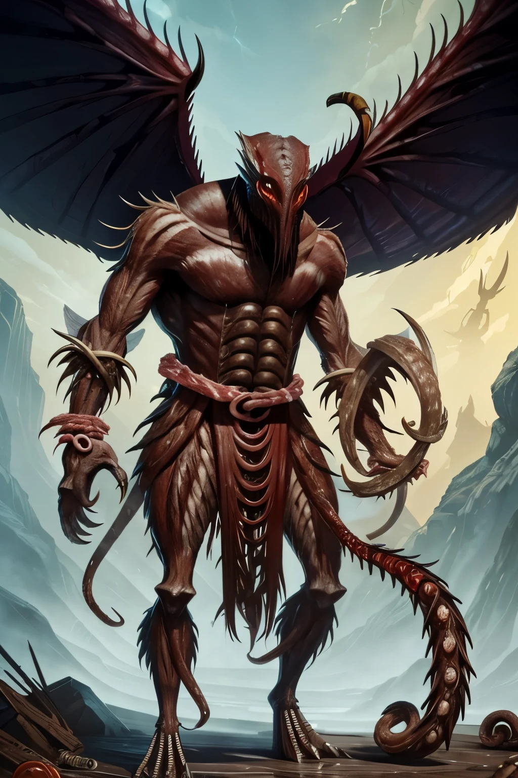 Demonic bird anthro warrior,comic book style, illustration, solo, abs, detailed scales, majestic horns, ferocious, male, [[badass pose]], nipples, masterpiece, best art, loincloth, full body, digitigrade, 