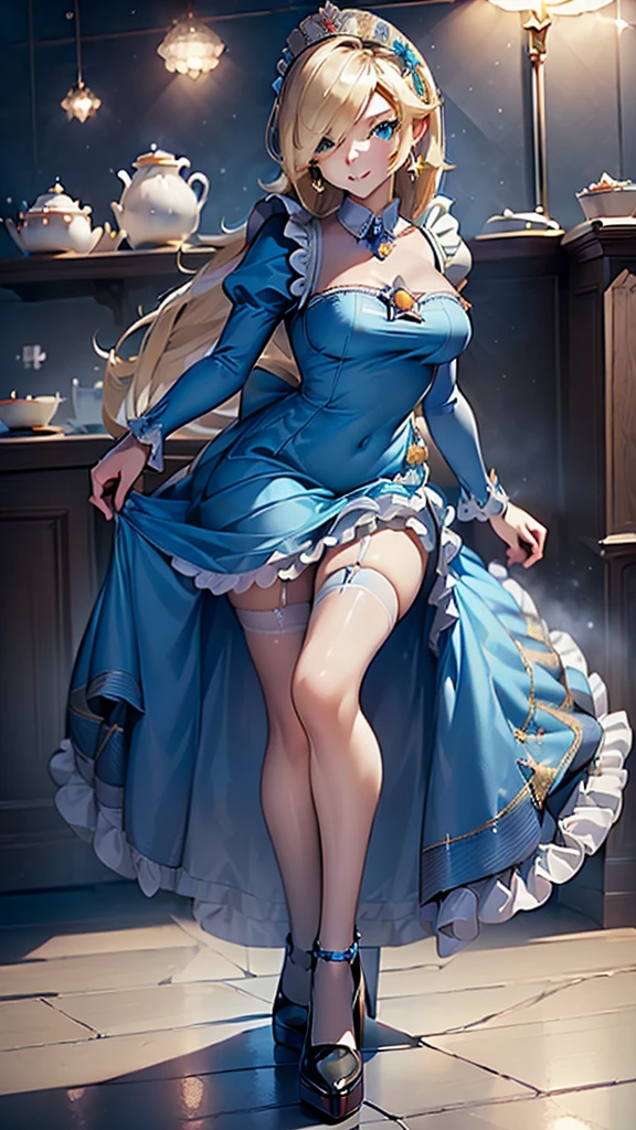 [blue:aqua:0.65] theme, masterpiece, a girl's masterpiece, detailed visual art, blue eyes, light blonde hair, long hair, collarbone, royal princess, elegant, gorgeous quinceanera dress, detailed layered skirt, [detailed frills: 0.1], [frilled dress: 0.1], embroidery, [details princess dress: 0.1], bare shoulders, big breasts: 1.3, open crotch, thigh seam, garter, groin, [NSFW| uncensored], (simple background: 1.1), low-winged, full-body