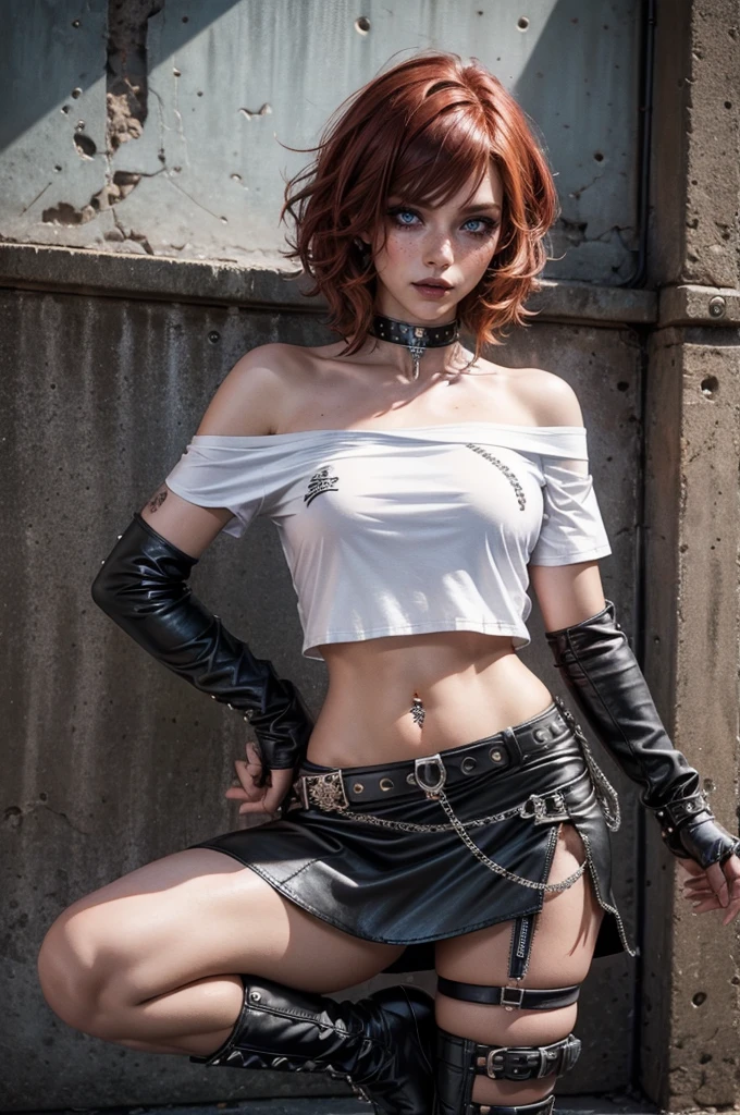 lora_Emma,a beautiful young woman with curly short red hair, freckles, attractive woman with punk outfit,(((off the shoulder white t-shirt))),leather skirt with zippers,(multiple studded belts),(exposed thong straps), ((navel piercing)),((belly chain)), heavy dark makeup,intense eyeliner, dark eyeshadow, black lipstick, studded leather collar,(ripped nylon stockings),(studded leather boots with a high heel),((long leather arm sleeves with studs and zipper)),detailed face,detailed eyes and lips,realistic,photorealistic,high quality,8k,masterpiece,vivid colors,dramatic lighting,cinematic