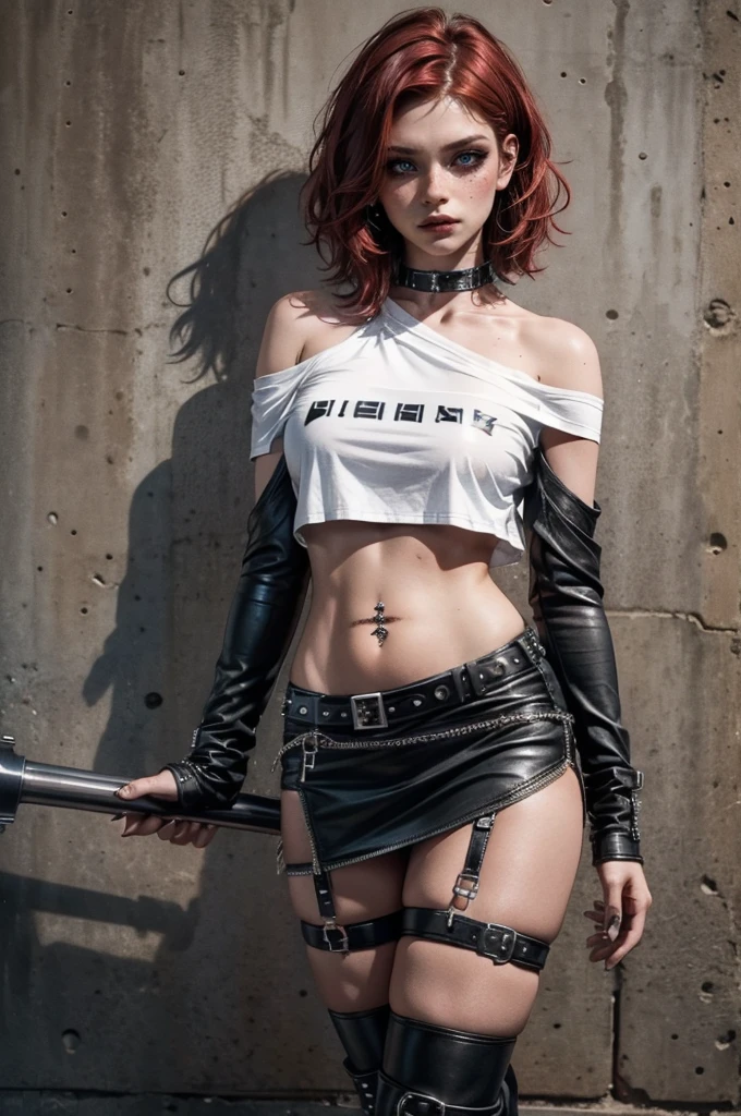 lora_Emma,a beautiful young woman with curly short red hair, freckles, attractive woman with punk outfit,(((off the shoulder white t-shirt))),leather skirt with zippers,(multiple studded belts),(exposed thong straps), ((navel piercing)),((belly chain)), heavy dark makeup,intense eyeliner, dark eyeshadow, black lipstick, studded leather collar,(ripped nylon stockings),(studded leather boots with a high heel),((long leather arm sleeves with studs and zipper)),detailed face,detailed eyes and lips,realistic,photorealistic,high quality,8k,masterpiece,vivid colors,dramatic lighting,cinematic