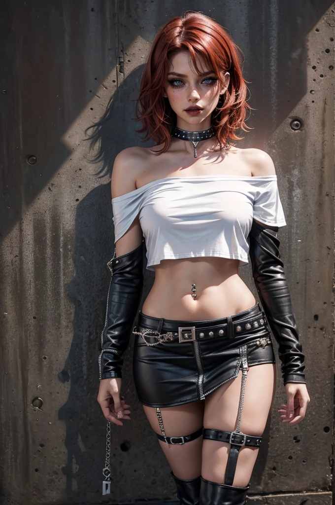 lora_Emma,a beautiful young woman with curly short red hair, freckles, attractive woman with punk outfit,(((off the shoulder white t-shirt))),leather skirt with zippers,(multiple studded belts),(exposed thong straps), ((navel piercing)),((belly chain)), heavy dark makeup,intense eyeliner, dark eyeshadow, black lipstick, studded leather collar,(ripped nylon stockings),(studded leather boots with a high heel),((long leather arm sleeves with studs and zipper)),detailed face,detailed eyes and lips,realistic,photorealistic,high quality,8k,masterpiece,vivid colors,dramatic lighting,cinematic