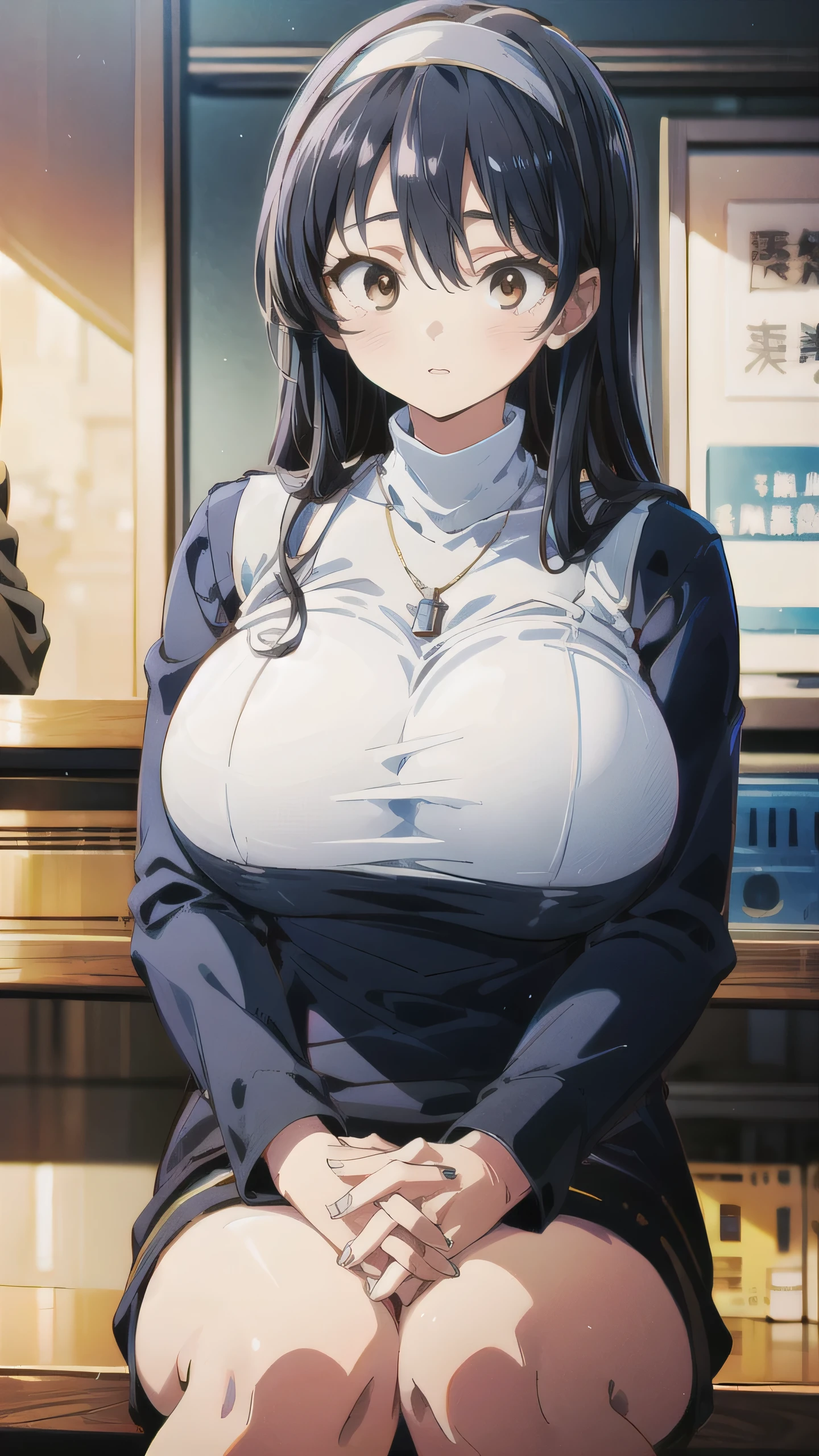 Anna Yamada, cleavage,(best quality, masterpiece), highly detailed, necklace, (gigantic breasts:1.1), nun, black hair, hair between eyes, brown eyes, own hands together, sitting, cru