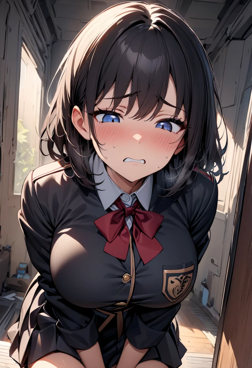 alone, woman, clergyman, big breasts, open your mouth, lipstick, Are crying, ((I was scared, scared)), dark brown hair, tanned skin, screaming for her life,from below,ダークグリーンのタイトなラテックス服を着たwoman,stand up,Hands raised,((huge cleavage)),huge stacked breasts,(Surreal breasts Very rich breasts)),((Extra large)),big breasts 細いウエスト,(((非常にbig breasts))),worried look,attraction