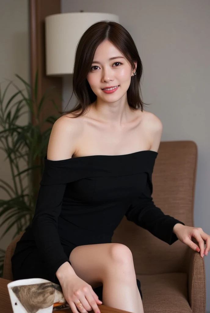 A hyper-realistic depiction of a slender and elegant Japanese woman seated on a chair with her back resting firmly against the chair's backrest. She is playfully twirling the ends of her hair with her right hand while her left elbow rests on a table. She is wearing a stylish black off-shoulder dress, exuding charm and sophistication. The background features a cozy and modern interior, softly lit to enhance the elegant atmosphere.