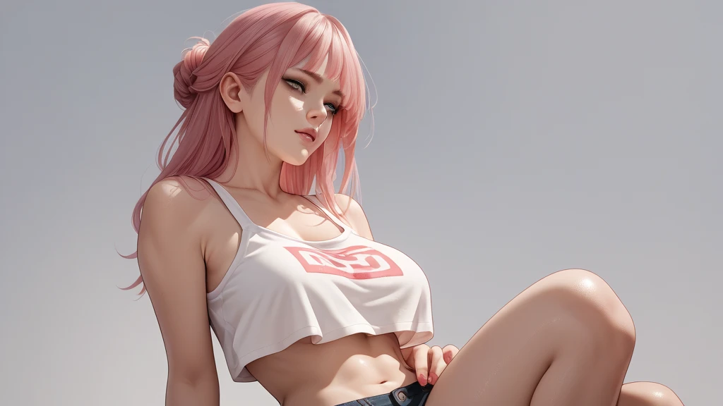 score_9, score_8_up, score_7_up,source_anime, high res image,masterpiece,best quality,girl,cute face,clear skin,white hair,short hair,pink eyes,tanktop,inner_pink_hair,simple_background,vaginal,cleavage,armpit,