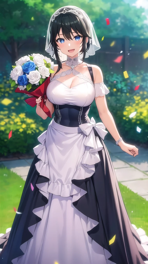 masterpiece, best quality, high quality, girl, solo, looking at viewer, masamune_makabe, black hair, blue eyes, large breasts, wedding Dress, standing, garden, confetti, holding bouquet, smile, open mouth,