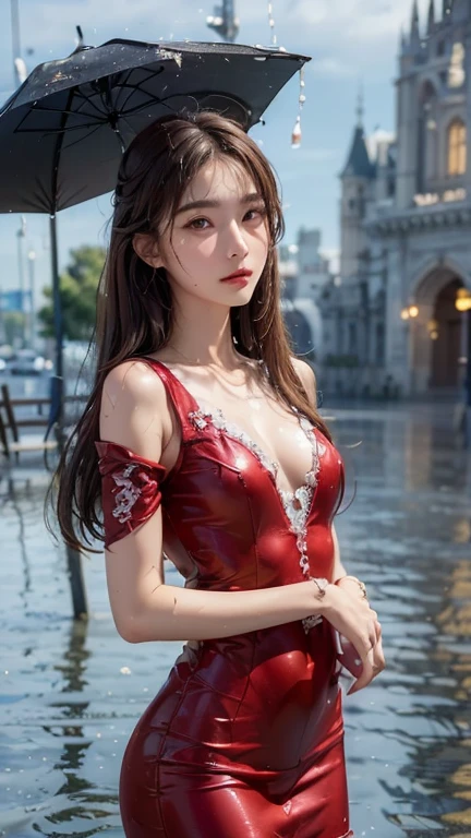 (8K Ultra HD、Digital SLR Camera、Soft Light、high quality、Volumetric Lighting、frank、photo、high resolution、4k、8K、Bokeh),(Rich details on the eyes and face,warm color, Very saturated colors,Show a charming smile,Perfect face, Pretty Face,black eyes,Skin is transparent and visible, Shirasawa skin,cosmetic, necklace, Jewelry,veil,Hair accessories),(Create stunning images of real girls, warm light, Dynamic poses, Elegant Posture, Cowboy lens, front看起来自信,front,Standing,Open your legs slightly,Golden Ratio Graphics,Minimalism, ), ((Riverside background)), (((Red Theme))),Chinese 25-year-old beauty student,brown hair、Gradient hairstyles,(Sexy,Perfect breast shape、Very detailed breasts,34E cup),Mesh shirt,Long suspender skirt,(Off-shoulder,clavicle)