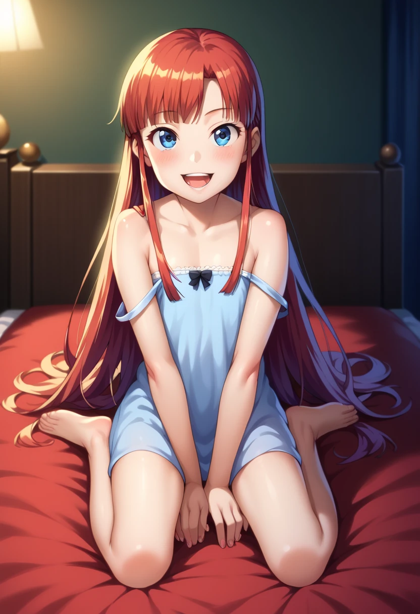 (( top quality)), ((masterpiece)), (be familiar with),  perfect face, indoor, bedroom,  viewer,
One woman,  Yukiko Aikina,
 open mouth,  ecstatic expression with hands in front of body, blush, smile,
 small ,  flat chested, Young girl, Lori,  ,  girl,
 long hair,  long hair,
Leg spread,