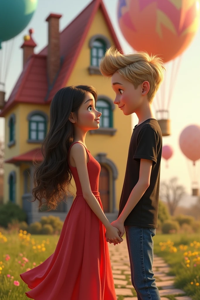 A handsome brother giving a kiss on the cheek to his blonde sister at the door of her house, pixar style, cinematic, masterpiece, high-aesthetic, portrait
