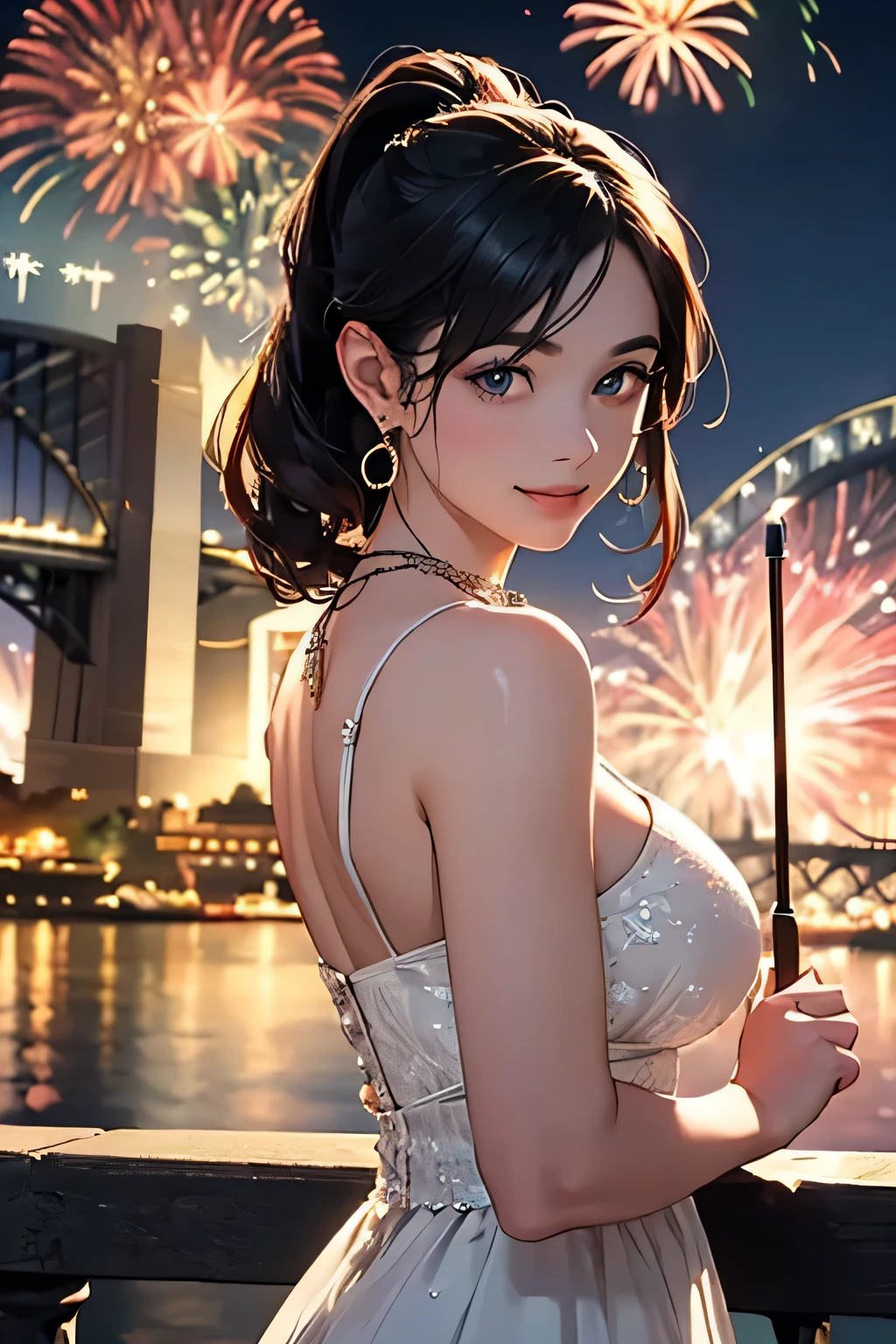 (ultra realistic,32k, masterpiece:1.2),(high detailed skin:1.1),( 8k uhd, dslr, high quality:1.1), 
sparkling  glitter <lora:nami_(one_piece)_v1:0.7>nami (one piece), long hair, orange hair, low ponytail, hair bow, blue bow, brown eyes, collarbone, cleavage, short kimono, blue kimono, sleeveless, bare arms, bracelet, sash, obi, <lora:fireworks_20230730090722:0.5>sky, city skyline,(fireworks:1.1), landscape, clouds, outdoors, night, clouds, reflection, night sky, (stars,starry sky:1.1), horizon, , <lora:add_detail:0.92>,  huge breast,  
(looking at viewer, upper body:1.2),
,(neon pastel light:1.1),