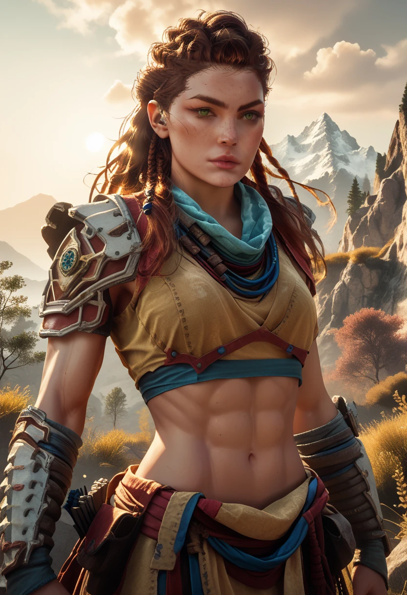 1woman, (Aloy:1.37), (Horizon Forbidden West Aloy:1.27),slim and slender, lightly toned muscles, reddish brown hair, braids and hair ornaments, detailed green eyes, freckles, toned muscular physique, wearing bikini armor, midriff, thighs showing, ultra-detailed, highly detailed facial features, beautiful green eyes, detailed lips, dynamic action pose, (cowboy shot), outdoor mountain landscape background, warm lighting, vibrant color palette, d3t41l3d