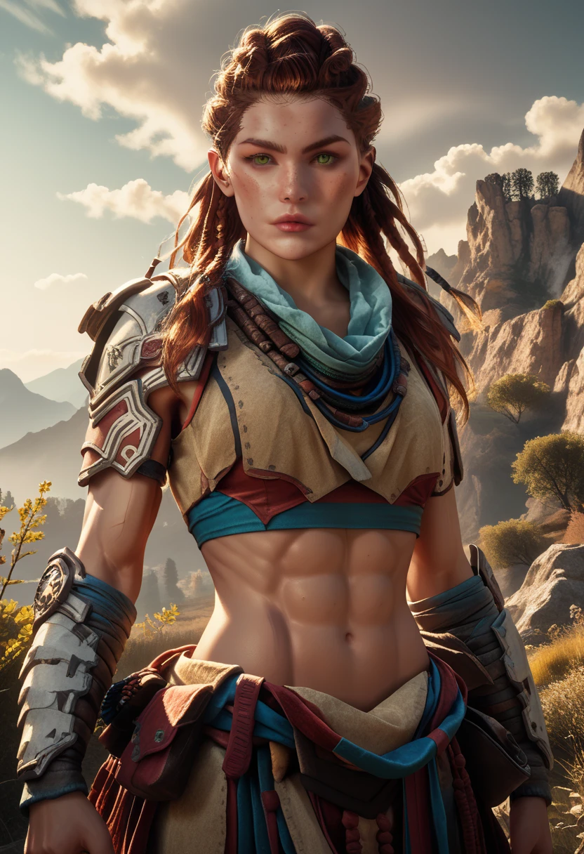 1woman, (Aloy:1.37), (Horizon Forbidden West Aloy:1.27),slim and slender, lightly toned muscles, reddish brown hair, braids and hair ornaments, detailed green eyes, freckles, toned muscular physique, wearing bikini armor, midriff, thighs showing, ultra-detailed, highly detailed facial features, beautiful green eyes, detailed lips, dynamic action pose, (cowboy shot), outdoor mountain landscape background, warm lighting, vibrant color palette, d3t41l3d