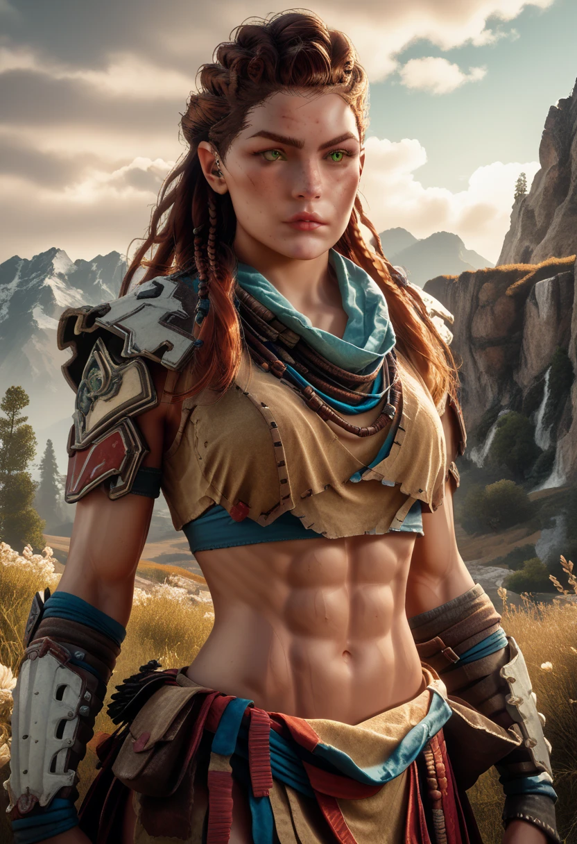 1woman, (Aloy:1.37), (Horizon Forbidden West Aloy:1.27),slim and slender, lightly toned muscles, reddish brown hair, braids and hair ornaments, detailed green eyes, freckles, toned muscular physique, wearing bikini armor, midriff, thighs showing, ultra-detailed, highly detailed facial features, beautiful green eyes, detailed lips, dynamic action pose, (cowboy shot), outdoor mountain landscape background, warm lighting, vibrant color palette, d3t41l3d