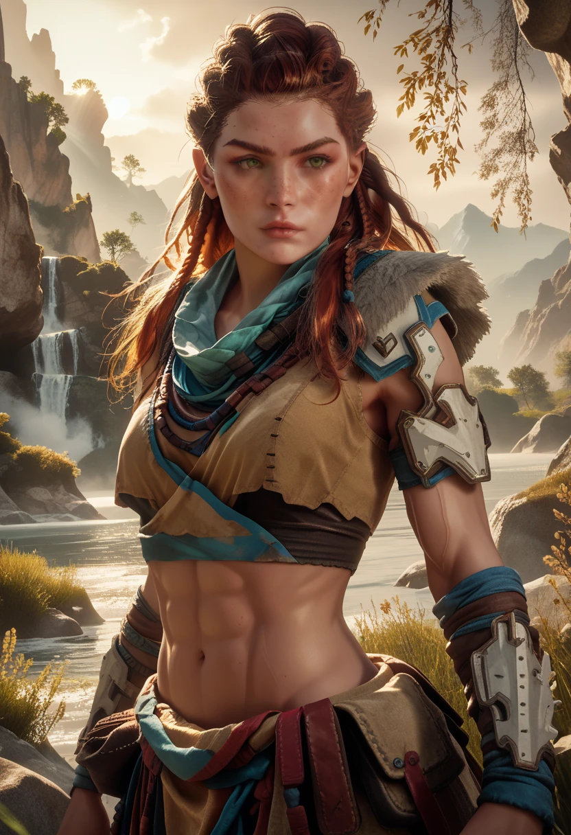 1woman, (Aloy:1.37), (Horizon Forbidden West Aloy:1.27),slim and slender, lightly toned muscles, reddish brown hair, braids and hair ornaments, detailed green eyes, freckles, toned muscular physique, wearing bikini armor, midriff, thighs showing, ultra-detailed, highly detailed facial features, beautiful green eyes, detailed lips, dynamic action pose, (cowboy shot), outdoor mountain landscape background, warm lighting, vibrant color palette, d3t41l3d