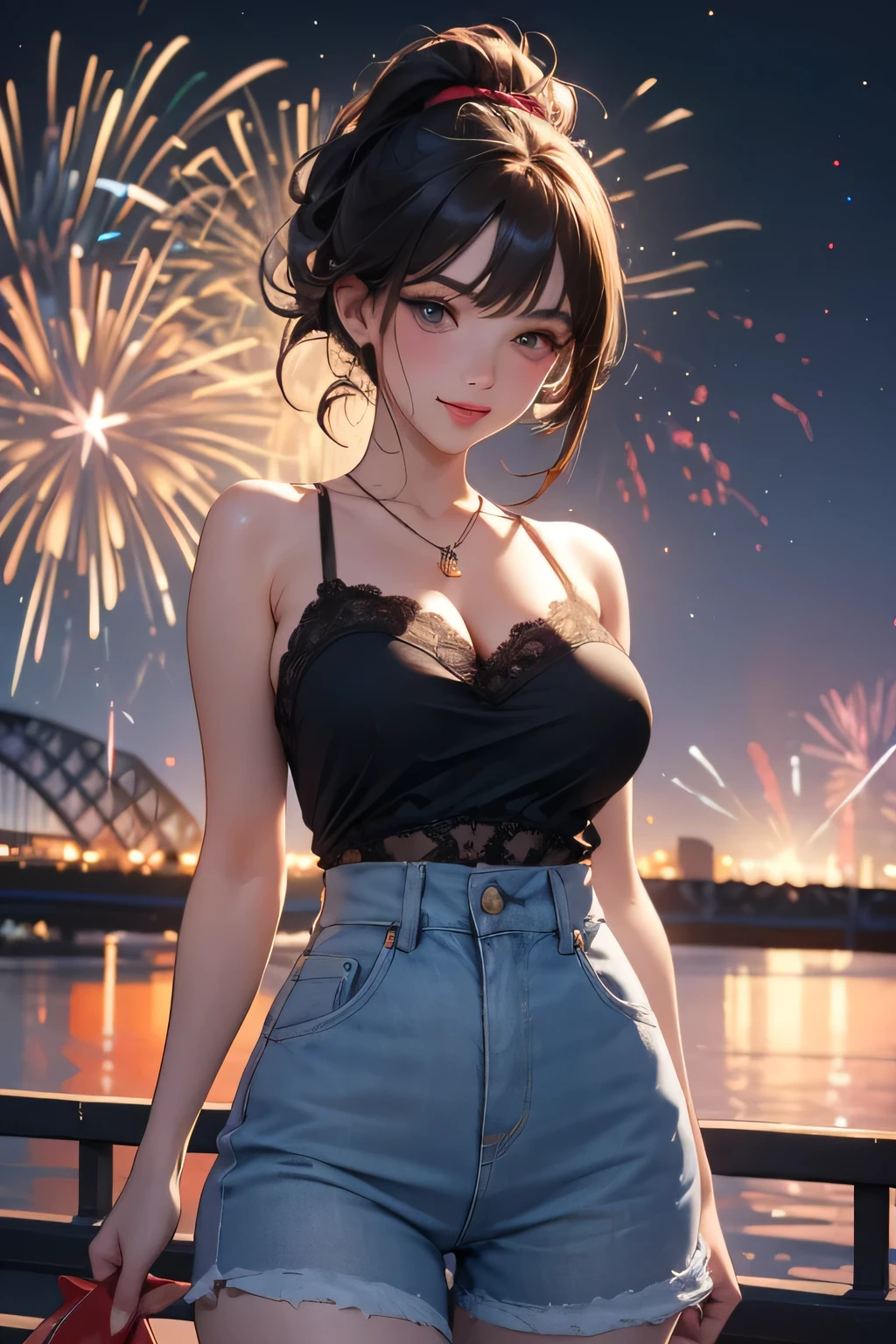 highest quality、complete limbs、Refers to the whole、1 beautiful woman、beautiful big breasted woman:1.3、brown haired woman、big smile、middle parted hairstyle:1.3、straight hair woman、(((black high neck sleeveless top:1.3)))、white shorts、((firework会場))、firework