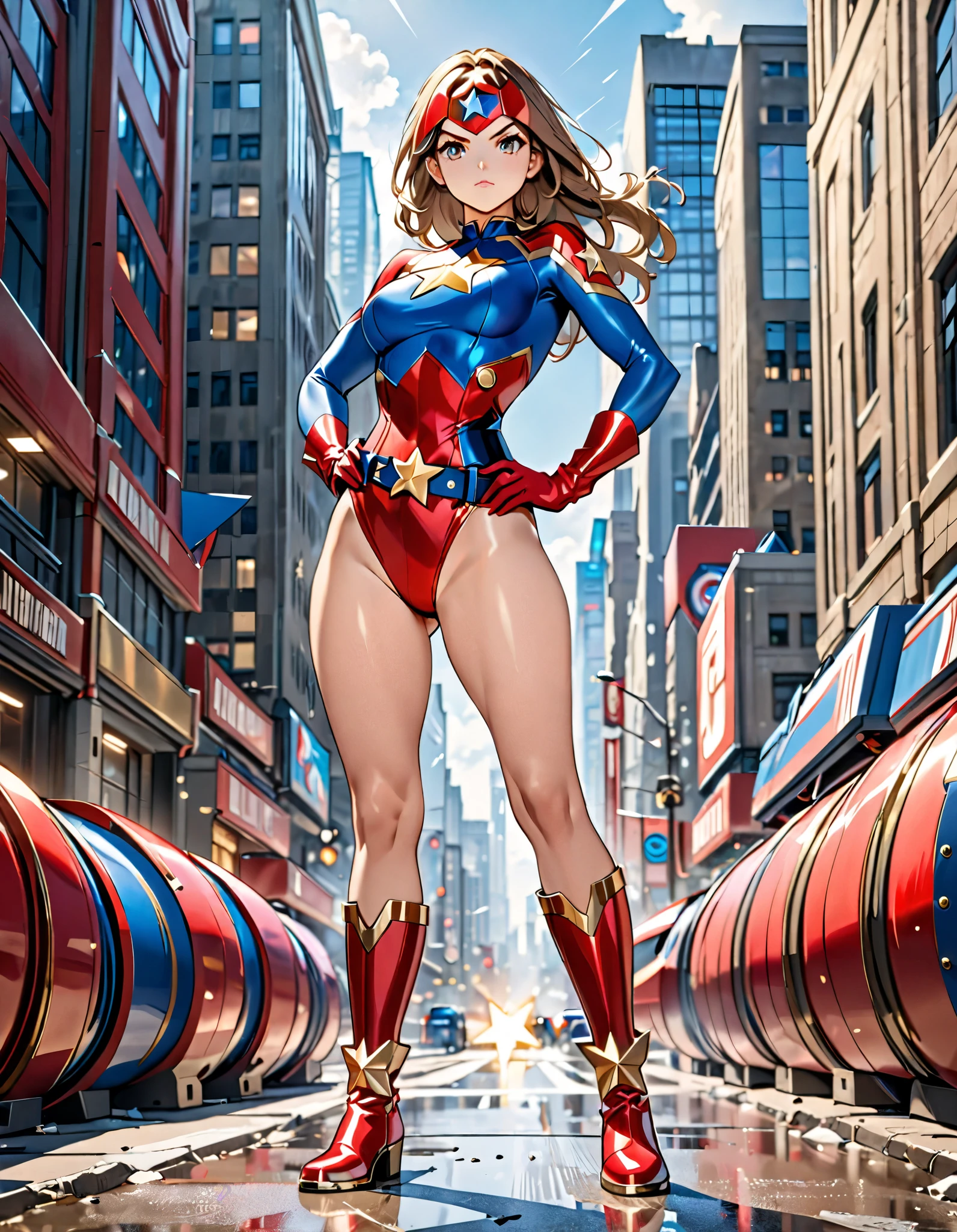 (masterpiece), (Highest quality), (High resolution), Big breasts,, ((leotard, white and red leotard, matching leotard, No sleeve, barefoot)), ((Tight belt, Gold Belt)), ((boots, matching boots, ankle-high boots, white boots)), ((gloves, white gloves)), Urban Background, tokyo Urban Background, alone, alone focus, dynamicなファイティングポーズ, (whole body), Cowboy Shot, Superhero, ((Beautiful attention to detail)), ((Gold star symbol on chest)), (Brown Hair, Long Hair,Green Eyes),(Perfect hands, Perfect Anatomy), Superhero, ((Beautiful attention to detail)), whole body costume design.Sweat,dynamic,dynamic,big breast,very big breast,During the game,Battle Scenes,Dark atmosphere,scar,Unreal Engine 5 Photorealistic Rendering, Game Characters, Role Player,Pretty face,Body Hyper Reality, Thick muscles, Moisturized and radiant body,hell,Combat pose