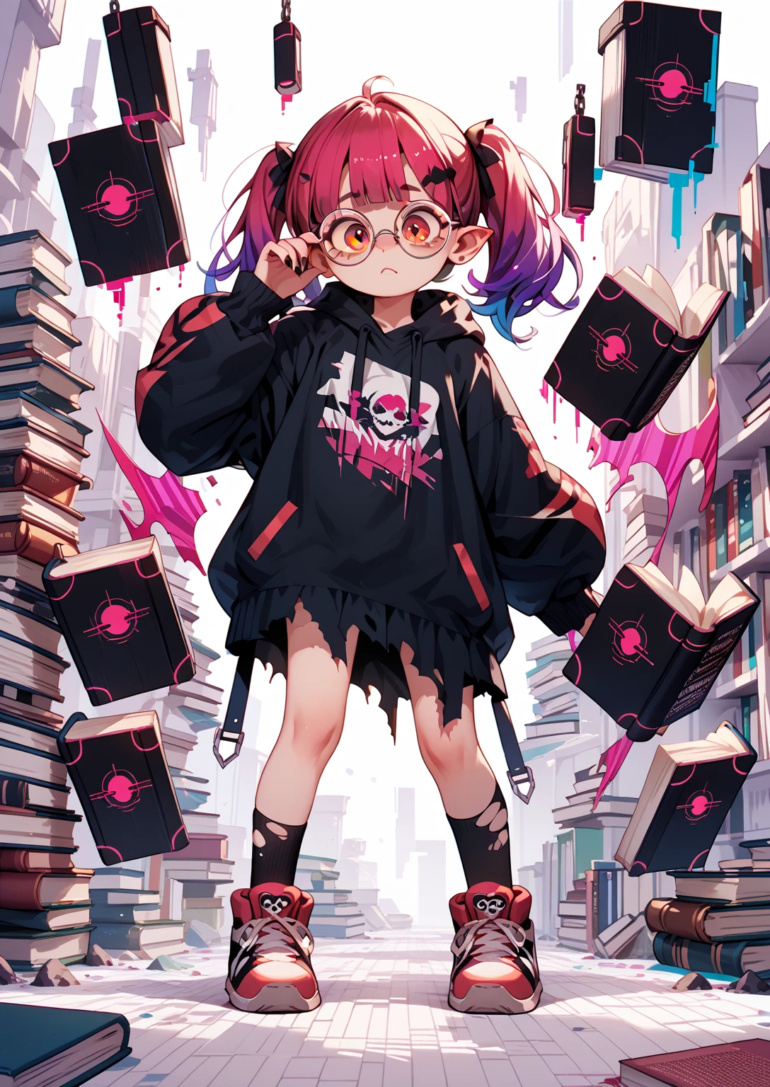 fullbody, **** demon, book, glitch effect, torn clothes, round glasses