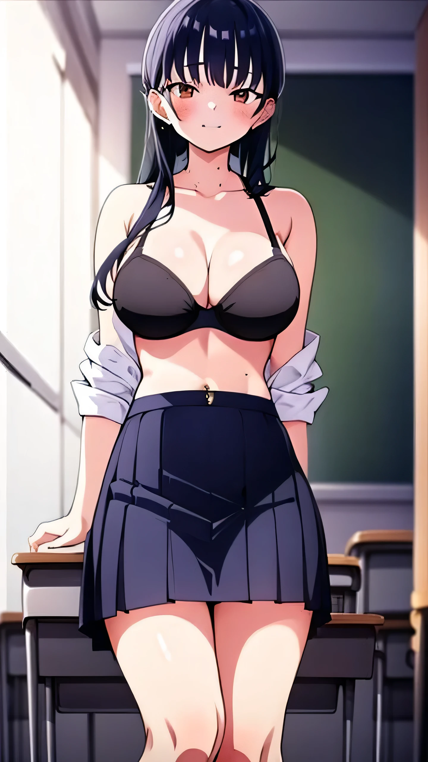 masterpiece, best quality,
 ANNAYAMADA, BLUE HAIR, BROWN EYES, LARGE BREASTS, BLACK BRA, NAVEL, PIERCING, EXPOSED STOMACH, GRAY SKIRT
1girl, (solo)
""
classroom, inside school, sunset 
"       "  
"                      "