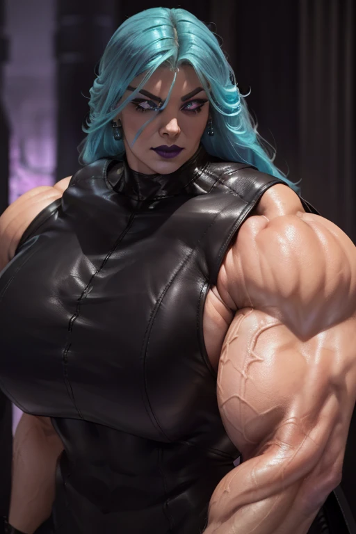 (((((Massive, tall, beautiful, buff, wet, pale white skinned muscular woman with cyan hair, black lipstick, ginormous bulky muscles, wearing a black leather corset with tight pants and hooded cape))))), (red background), close view, ((massive muscles)), massive biceps, hyper muscle shoulders, hyper muscle triceps, (beachy long hair), glowing purple eyes, choker, (chain belt), black spiked boots, (spiked gauntlets), (fingerless gloves), (in a raining dark island), confident smirk, night, red moon, (red skies), hyper vascular arm, hyper muscles arms, hyper muscle legs, (ginormous arms).