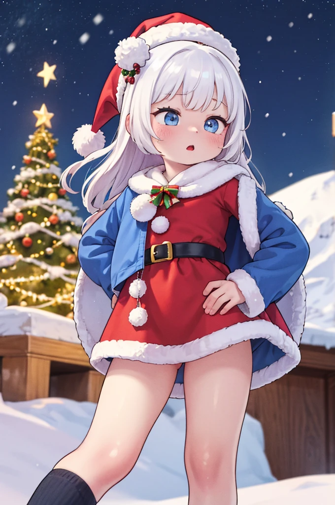 ((best quality)), ((highly detailed)), absurdres, extremely detailed face, beautiful face, (detailed eyes, deep eyes), (1girl), <lora:gift_between_breasts:.65>, FAP_CONCEPT_gift_between_breasts_ownwaifu, (gift box), gift between breasts, between breasts, christmas ornaments, gift, hand on own chest, <lora:SANTADRESS:.7>, sntdrs, red santa dress, midriff, skirt, fur trim, belt, santa hat, gloves, thighboots, black footwear, <lora:aiomonstergirls_loraLocon:.3>, <lora:satyr_cpt_v01:.8>, satyrcpt, (satyr), silver hair, light orange eyes, <lora:horizontal_pupils-v2:.85>, horizontal pupils, horns, animal ears, (goat horns), (goat legs), <lora:hoovedlegs:.75>, hooved legs, (furry legs), hooves, medium breasts, , (outdoors, on a volcano, midnight, night sky, stars, broken moon), Christmas tree, Christmas presents, Christmas decorations, snow, snowing