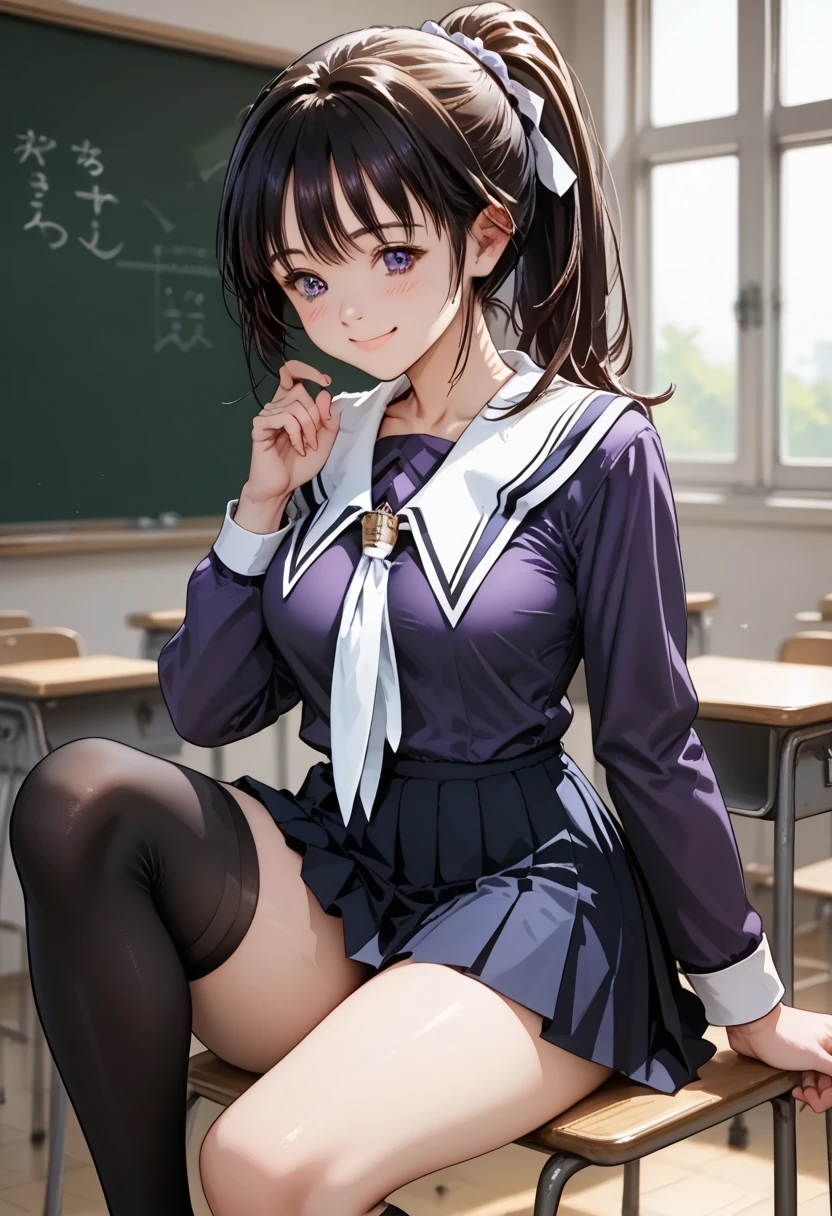 score_9, score_8_up, score_7_up, score_6_up, score_5_up, score_4_up, (masterpiece, best quality), 1girl, In the high school classroom, sitting on the chair, show breasts, smile, blush, closed mouth, medium full breasts, (sit with one knee up),
BREAK
ponytail hair, School uniform, Purple shirt, blue skirt, White neckerchief, Black thighhighs, 