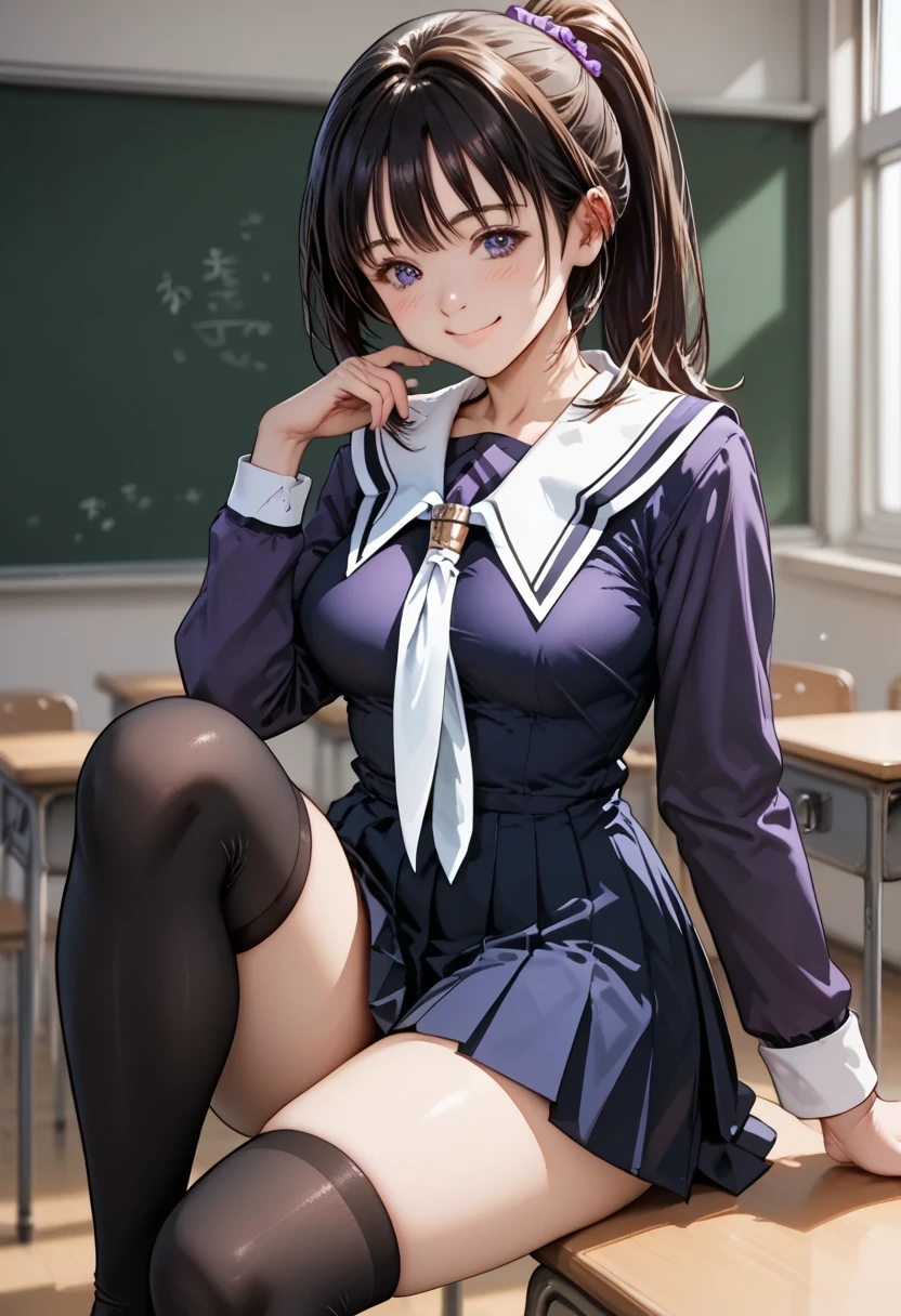 score_9, score_8_up, score_7_up, score_6_up, score_5_up, score_4_up, (masterpiece, best quality), 1girl, In the high school classroom, sitting on the chair, show breasts, smile, blush, closed mouth, medium full breasts, (sit with one knee up),
BREAK
ponytail hair, School uniform, Purple shirt, blue skirt, White neckerchief, Black thighhighs, 