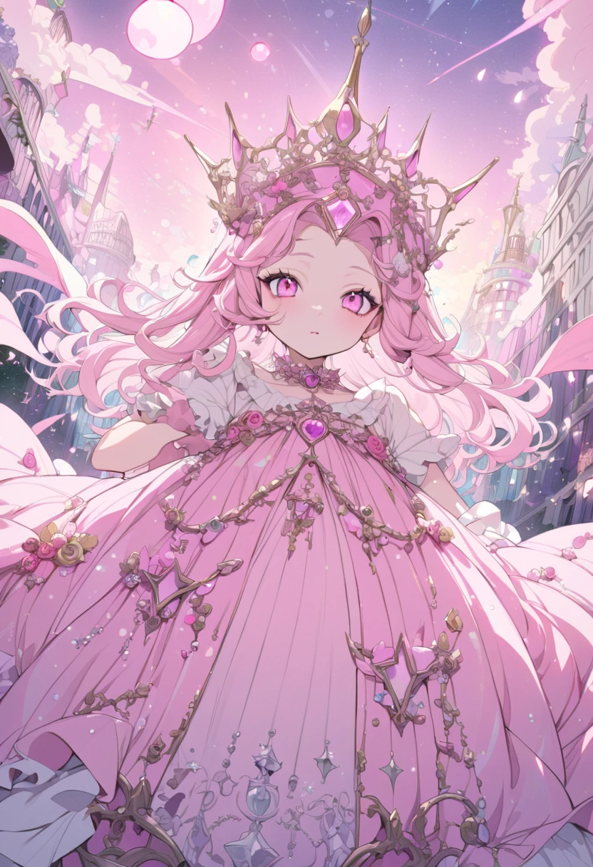 Best quality, masterpiece, detailed, anime style, Glinda the good witch, wicked, whimsical, pink aesthetic, pink magical dress, crown