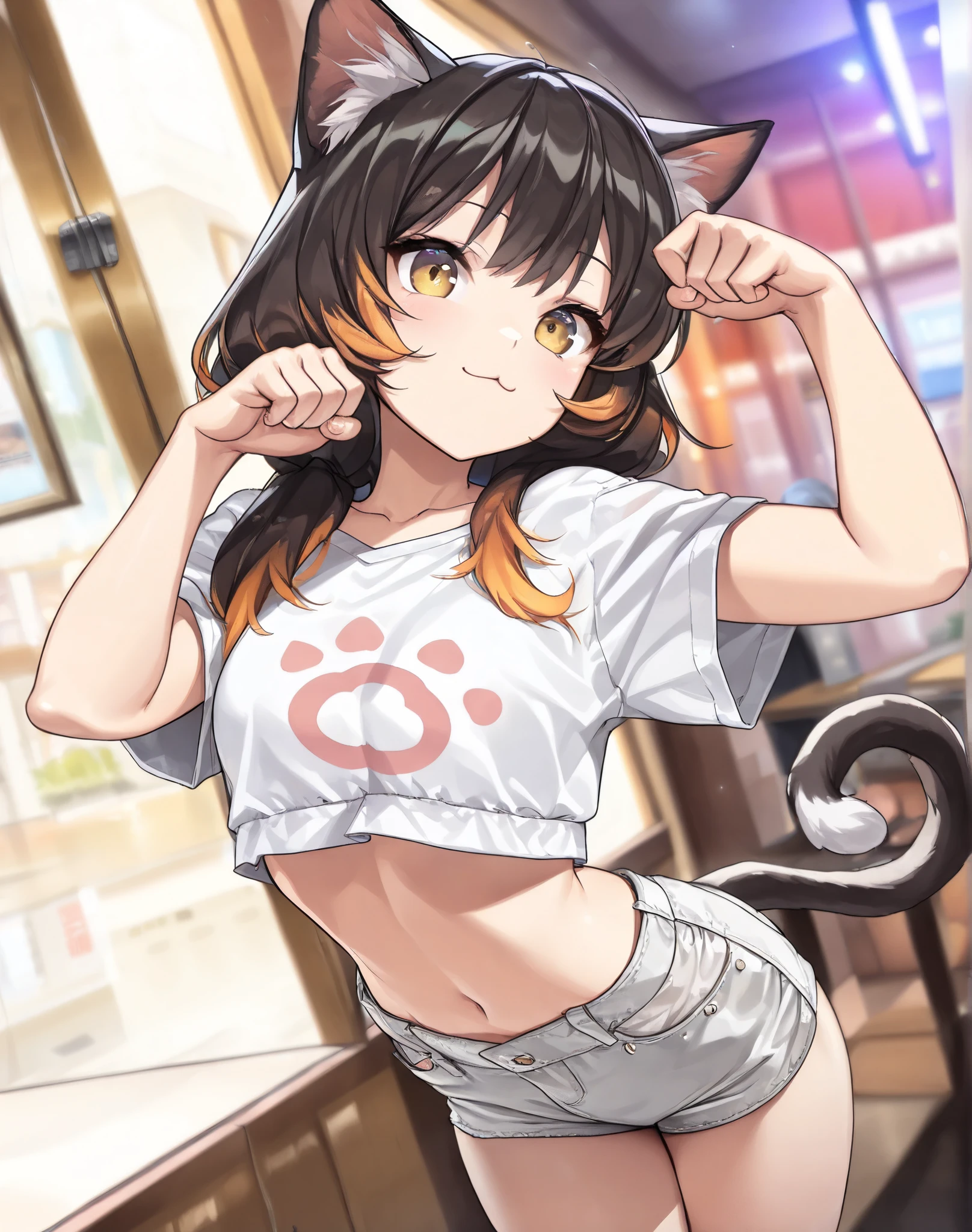 up to date, safe, cat girl, cat ears, cat tail, cat eyes, :3, crop top, shorts, paw pose, (best quality,4k,8k,highres,masterpiece:1.2),ultra-detailed,intricate details, high fashion, dramatic lighting, warm colors, chiaroscuro